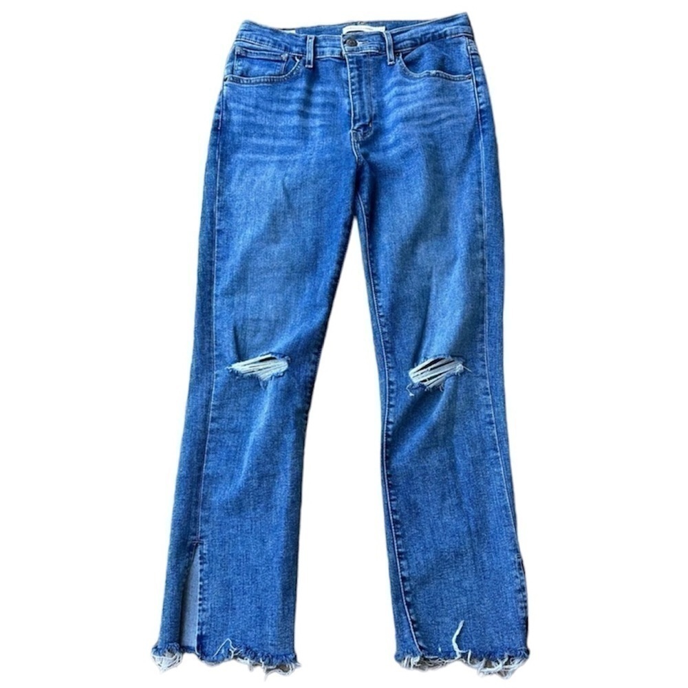 Levi’s High Rise Straight Jeans Distressed Raw Hem Womens 29 Blue